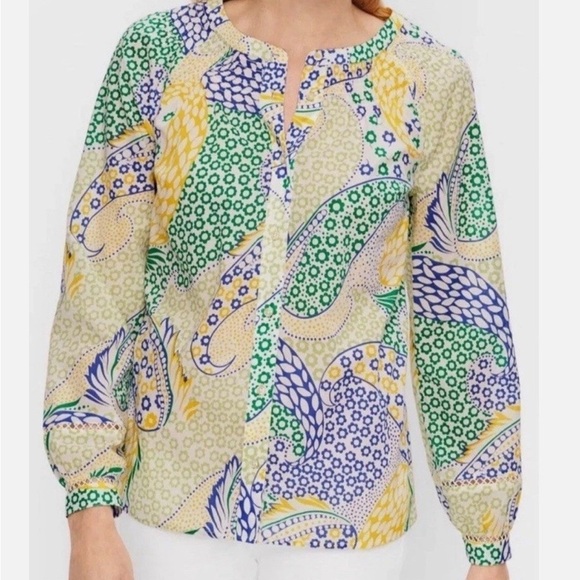 Talbots Tops - Talbots Womens Green Blue Paisley Blouse Medium Cottagecore Eyelet Summer Vibe